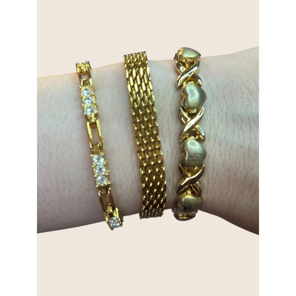 ✨ VTG GOLD TONE BRACELET HUGS KISSES XO MESH LINK RHINESTONE STACK BUNDLE LOT